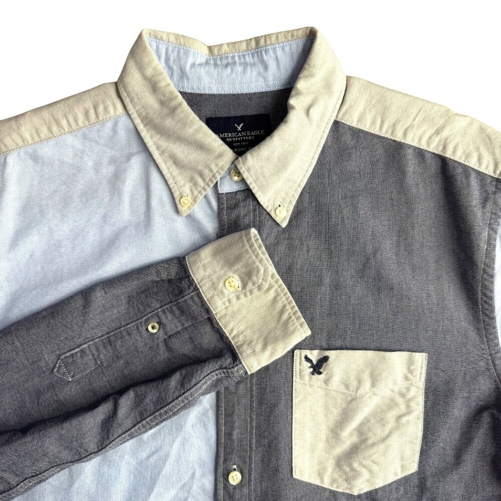 American Eagle Vintage Y2K Patchwork Denim Button Up Shirt Mens Classic‎ Fit L